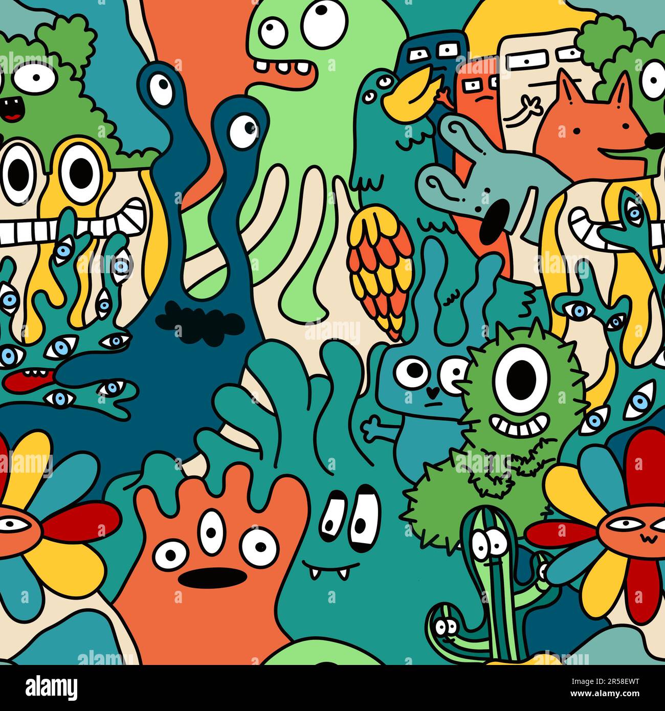 Cartoon monsters seamless funny aliens and rabbit and cactus and flower ...