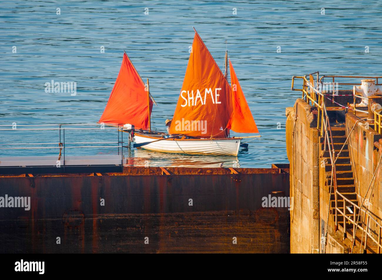 Falmouth's 4th protest against the Bibby Stockholm vessel being modified by AP to hold 500 refugees Stock Photo
