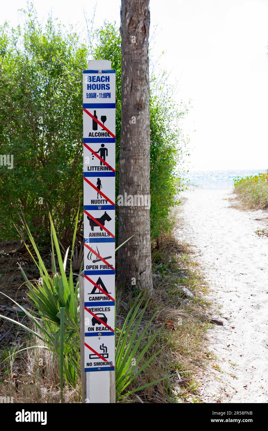 Sign showing beach rules and regulations in Siesta Key, Sarasota