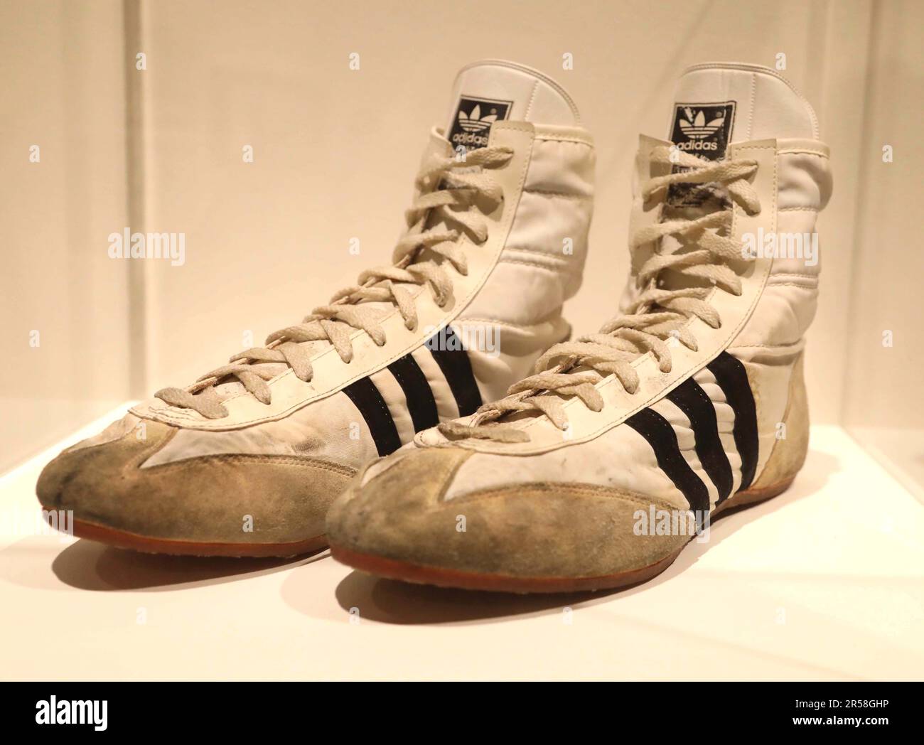 June 1, 2023, New York City, New York, USA: A view of Adidas High Top  Trainers worn Freddie Mercury seen at the ""˜Freddie Mercury A World Of His  Own' Preview Exhibition held