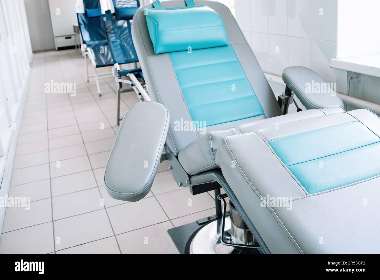 Blood donor chair in medical laboratory. International Blood Donation