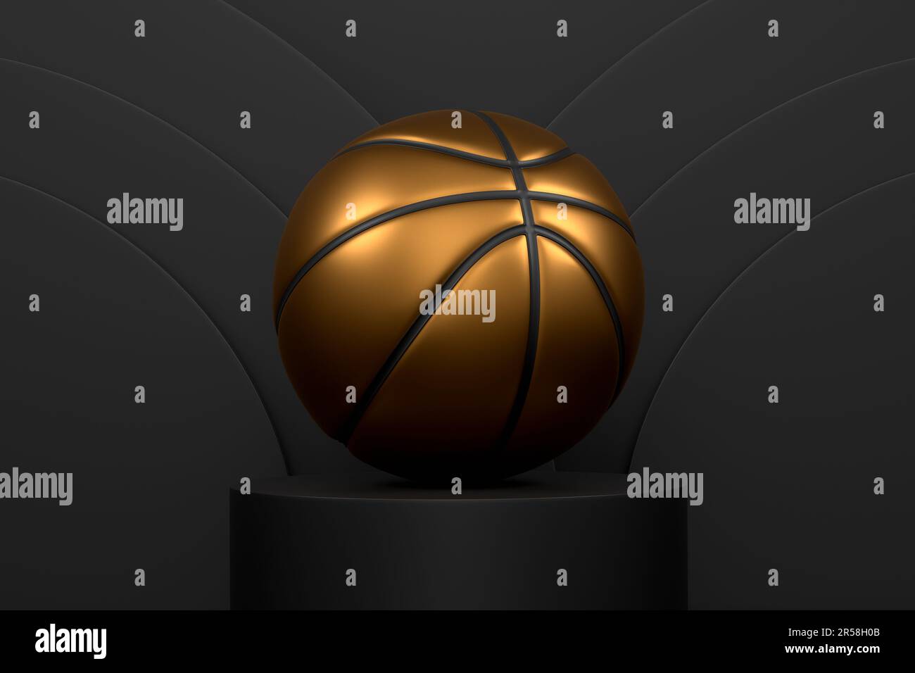 Basketball ball on cylinder podium with steps on monochrome background