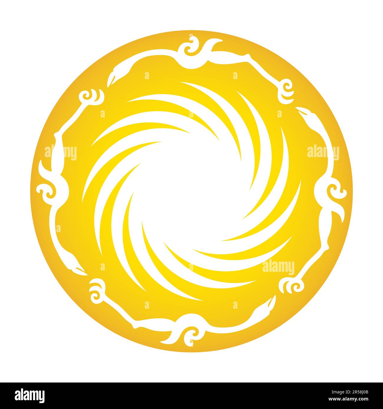 Golden Sun Bird, or the Sun and Immortal Birds Gold Ornament. Ancient Chinese gold pattern. Four birds flying around a twelve-pointed sun pattern. Stock Photo