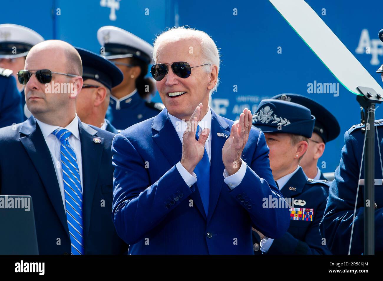 Colorado Springs, United States of America. 01 June, 2023. U.S President Joe Biden applauds during the commencement ceremony for the United States Air Force Academy graduating cadets at Falcon Stadium, June 1, 2023 in Colorado Springs, Colorado. Credit: Justin Pacheco/U.S. Air Force Photo/Alamy Live News Stock Photo