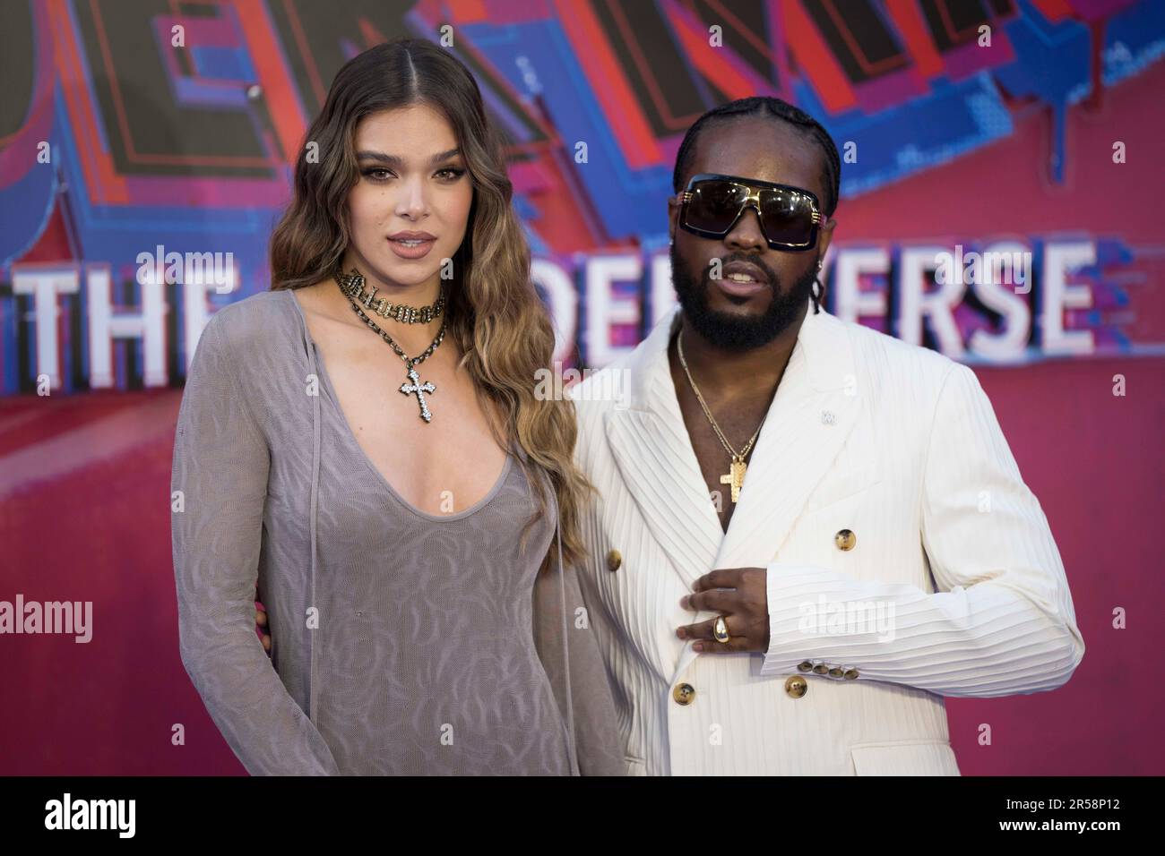 Hailee Steinfeld, left, and Shameik Moore pose for photographers upon