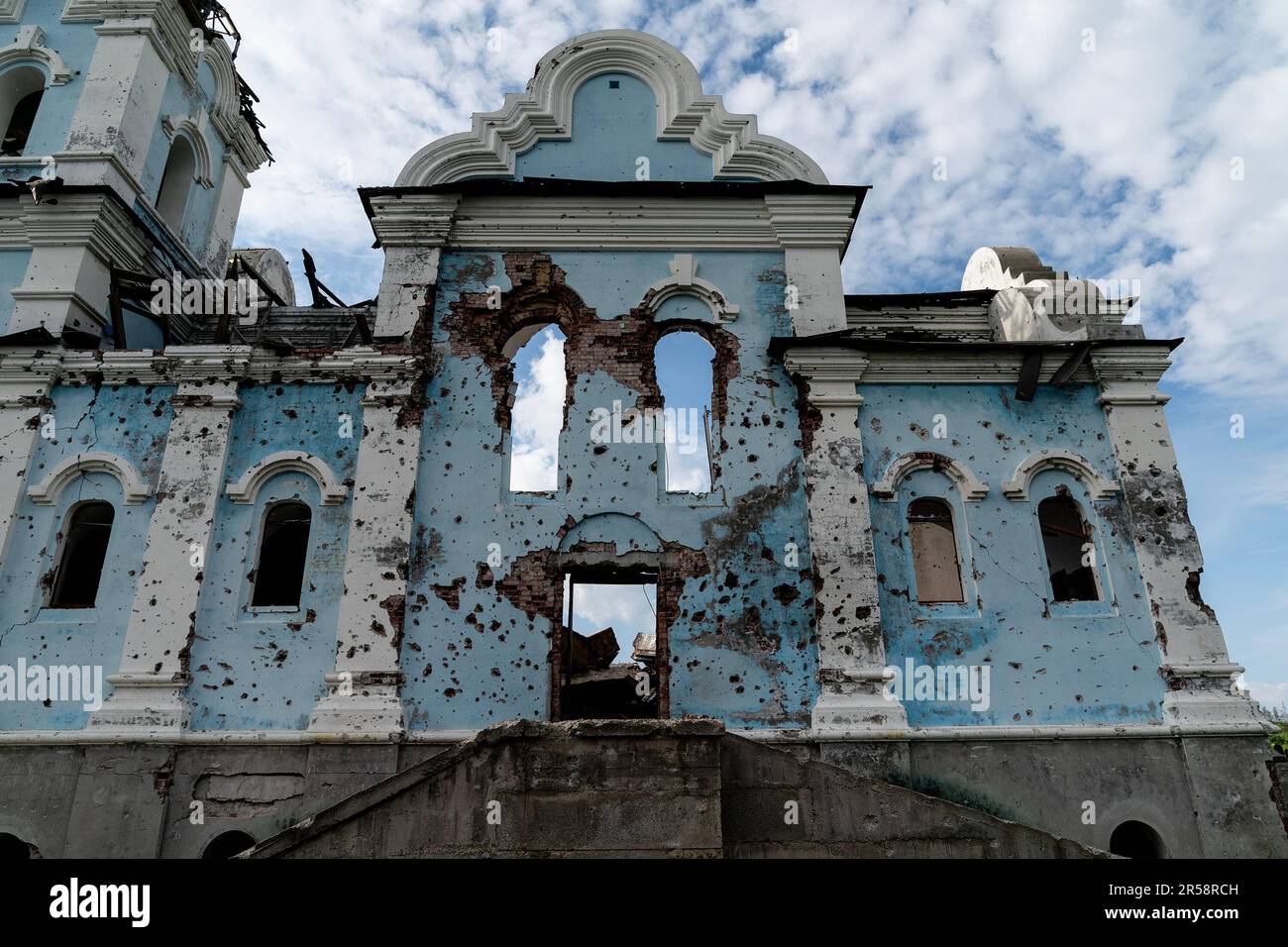 View of destroyed Church of the Holy Mother in village of Bohorodychne in Donetsk region by Russian forces during occupation from August 2022 until September 2022. Russian forces attacked the village in May 2022 and finally occupied the village in August for 2 months, it was liberated in September 2022. From the hills surrounding the village Russian forces shelled and destroyed homes, school and the famous Church of the Holy Mother of God ‘Joy of All Who Sorrow'. The church became a convent of the Sviatohirsk Lavra in 2008. The church belongs to the Ukrainian Orthodox Church (Moscow Patriarcha Stock Photo