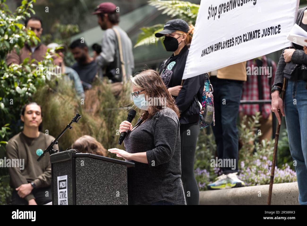 Seattle, USA. 31 May, 2023. Amazon corporate employees walk out of ...