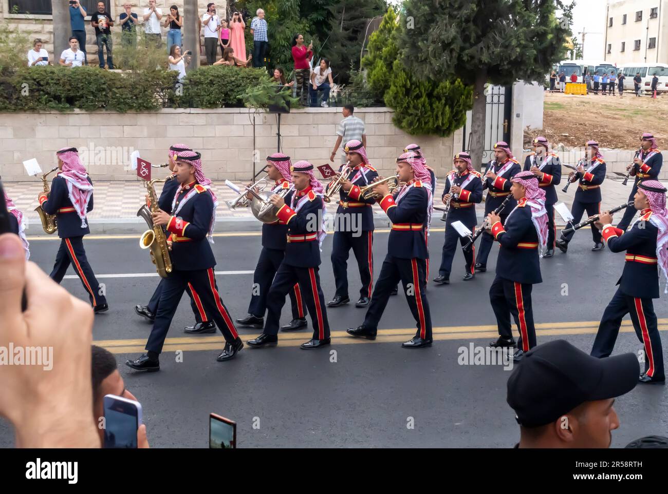 Military orchestra of Jordan parading during the Wedding of Hussein, Crown Prince of Jordan, and Rajwa Al Saif. June 1, 2023. Amman Jordan Stock Photo