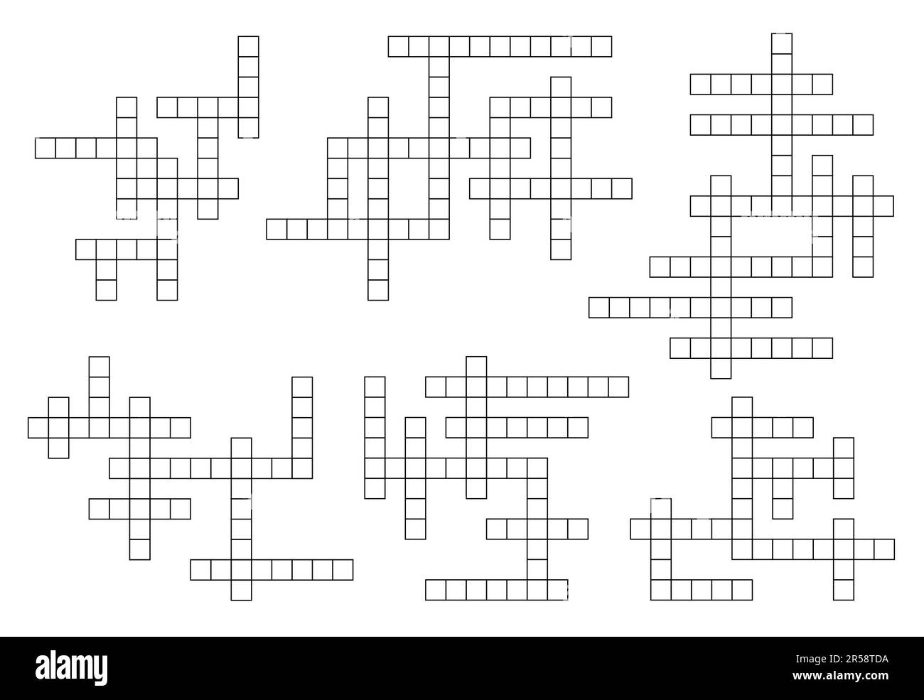 Crossword game grids or word guess quiz layout templates, vector empty