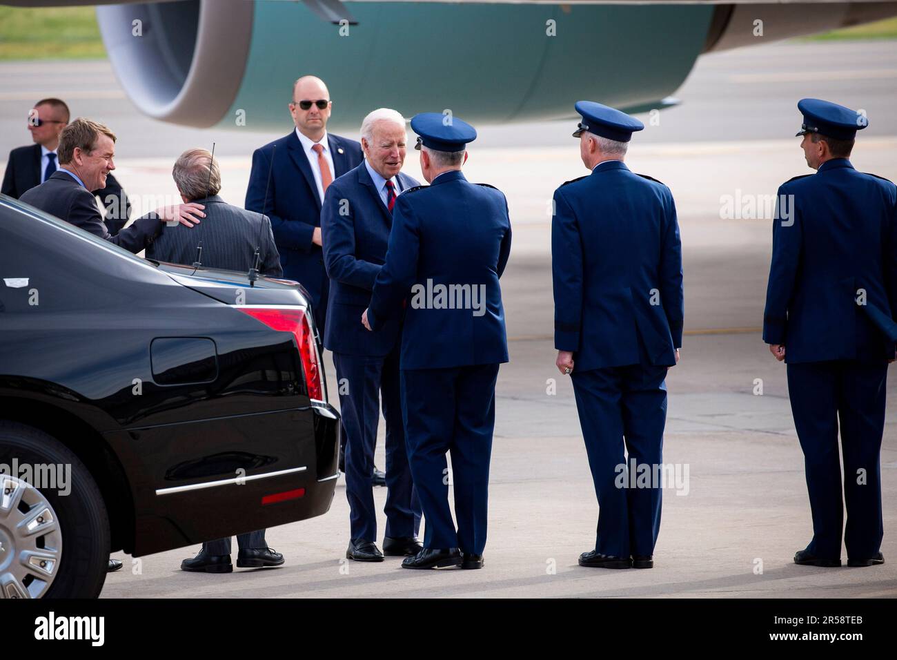 General Glen VanHerck, Commander, North American Aerospace Defense Command and U.S. Northern Command, greets President Joe Biden, May 31, 2023, during his arrival to Peterson Space Force Base. During his visit, Biden delivered the commencement address to the graduating class at the Air Force Academy in Colorado Springs. (Department of Defense photo by Josh Armstrong) Stock Photo