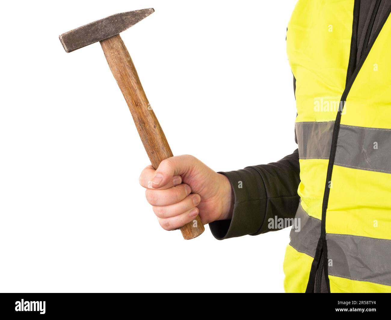 A worker in a safety vest holds a hammer in his hand. No face, white  background, copy space Stock Photo - Alamy