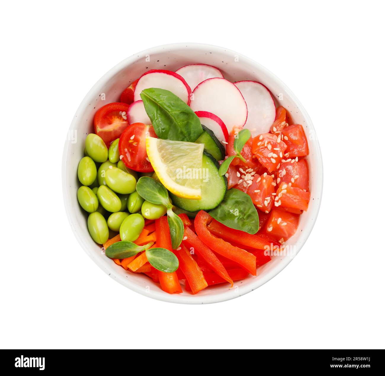 Poke bowl with salmon, edamame beans and vegetables isolated on white, top view Stock Photo Alamy