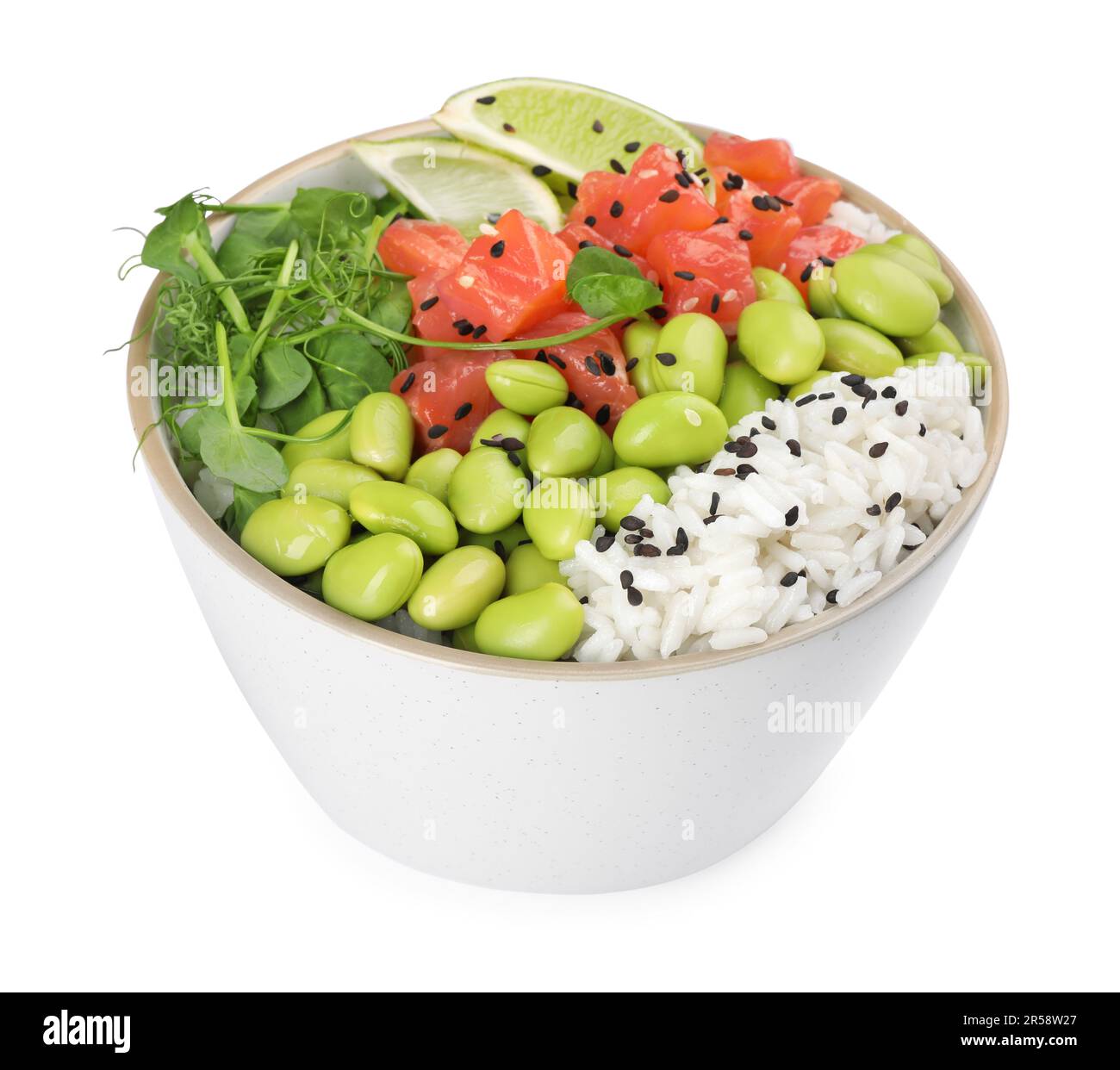 Delicious poke bowl with lime, fish and edamame beans on white background Stock Photo Alamy
