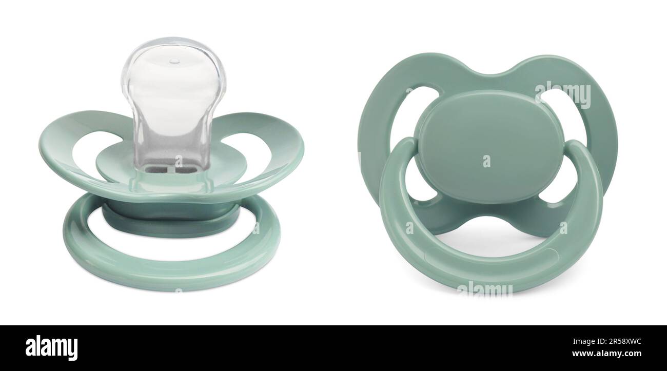 Pale green baby pacifier on white background, views from different ...