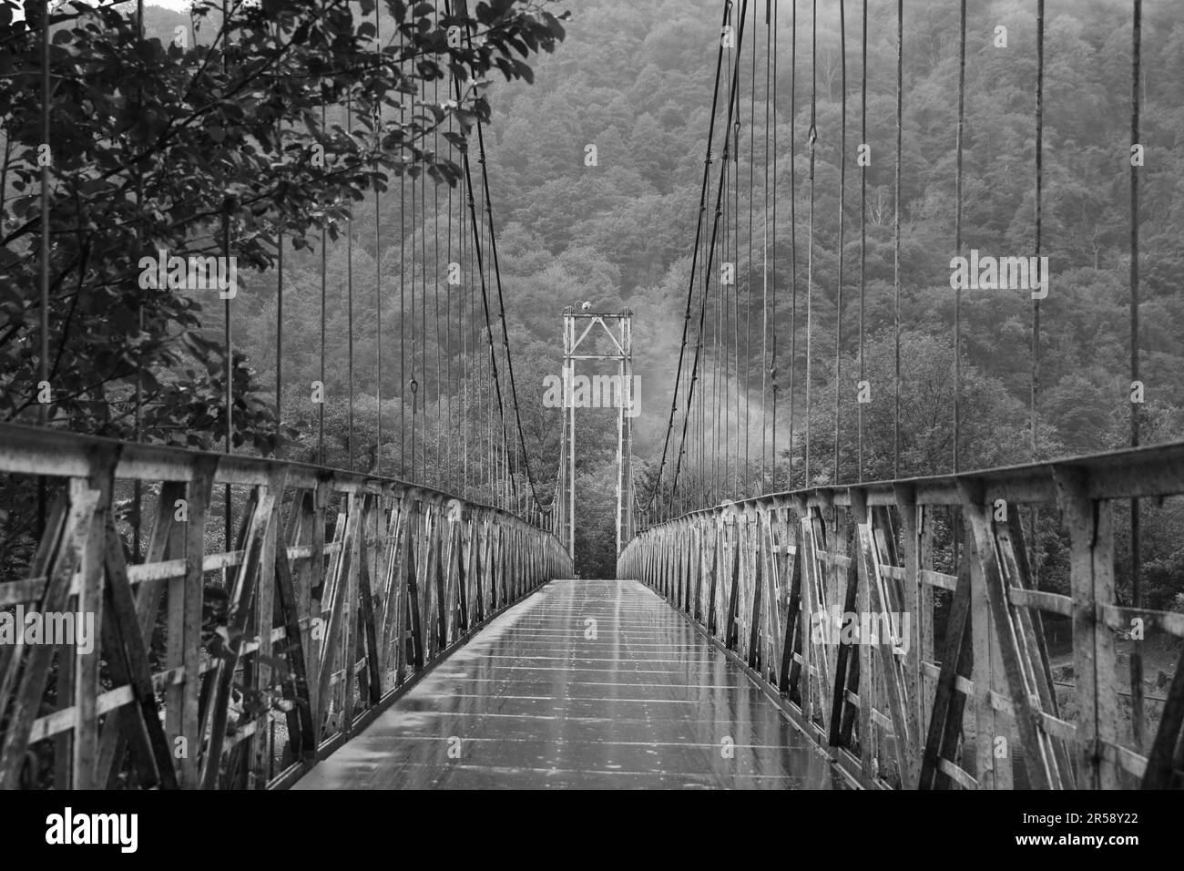 Metal bridge over river in mountains, toned in black and white Stock ...