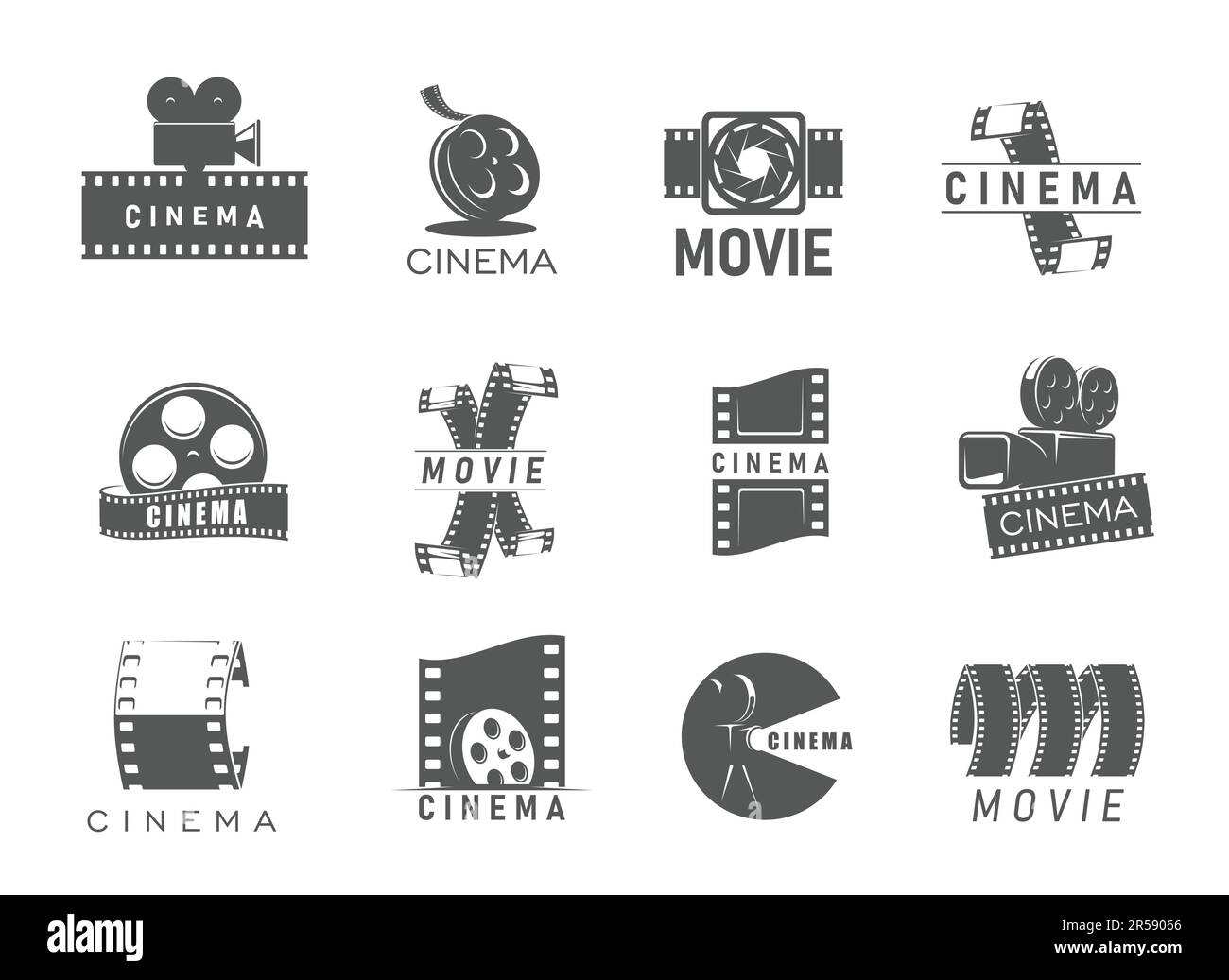 Movie cinema icons of film strip and camera reels, vector cinematography symbols. Cinema theater or movie production studio signs of retro video camer Stock Vector