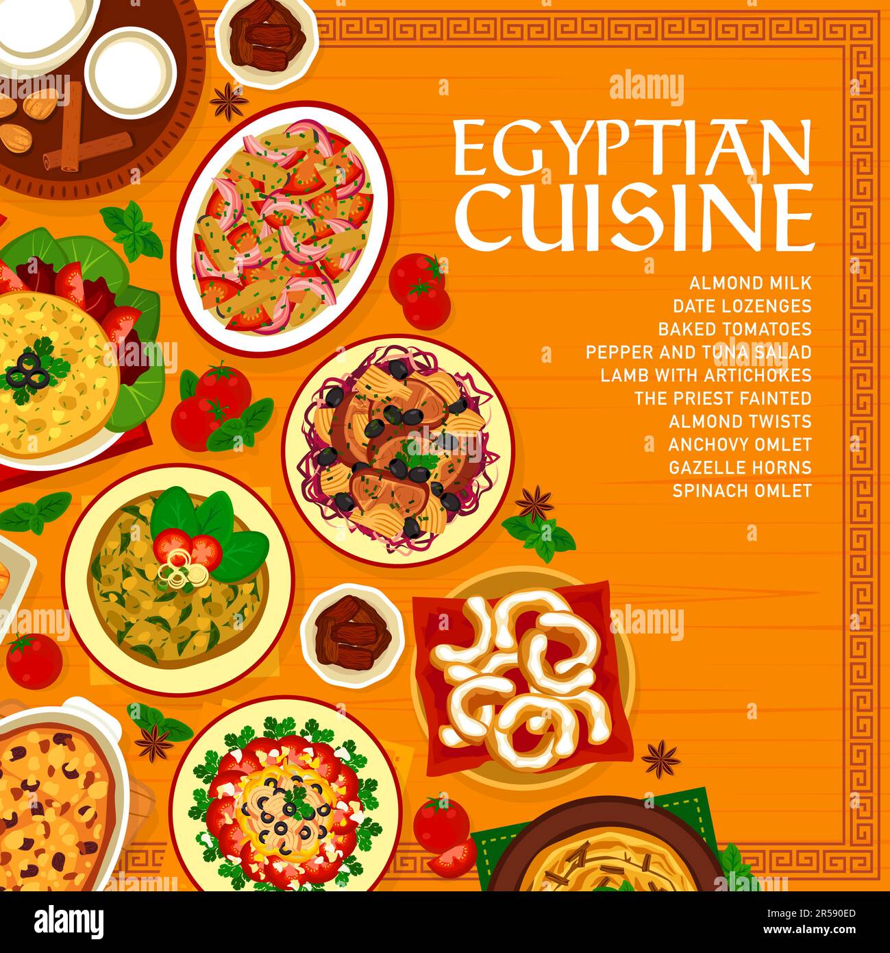 Egyptian cuisine menu cover, Arabic food dishes and meals, vector