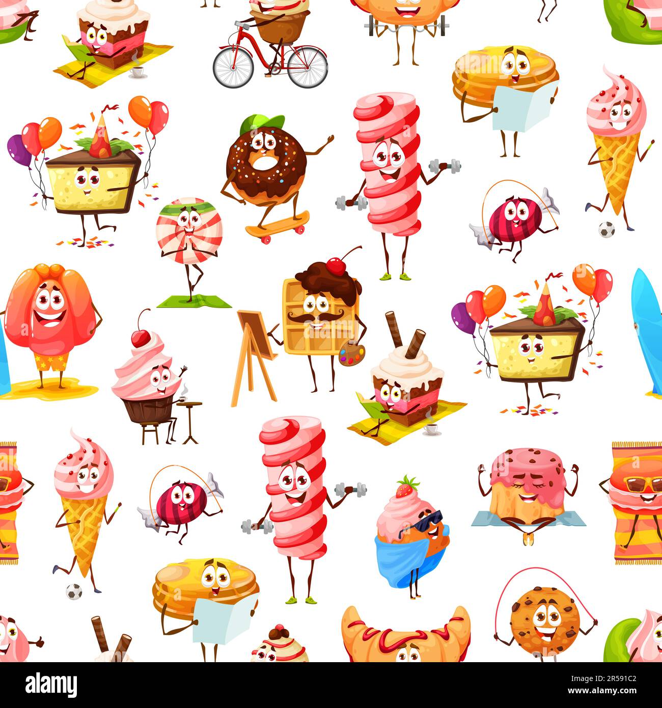 Cartoon Sweets Candies Desserts Cookies Seamless Pattern Funny 