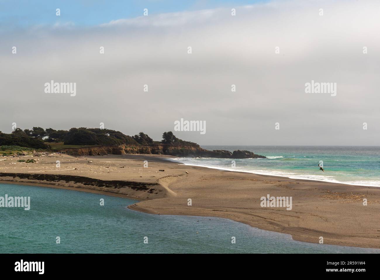 View of the Gualala River, Paciic Ocean and Gualala Point Regional Park from the Bluff Trail in Gualala, California, USA, on a partly cloudy day copy Stock Photo