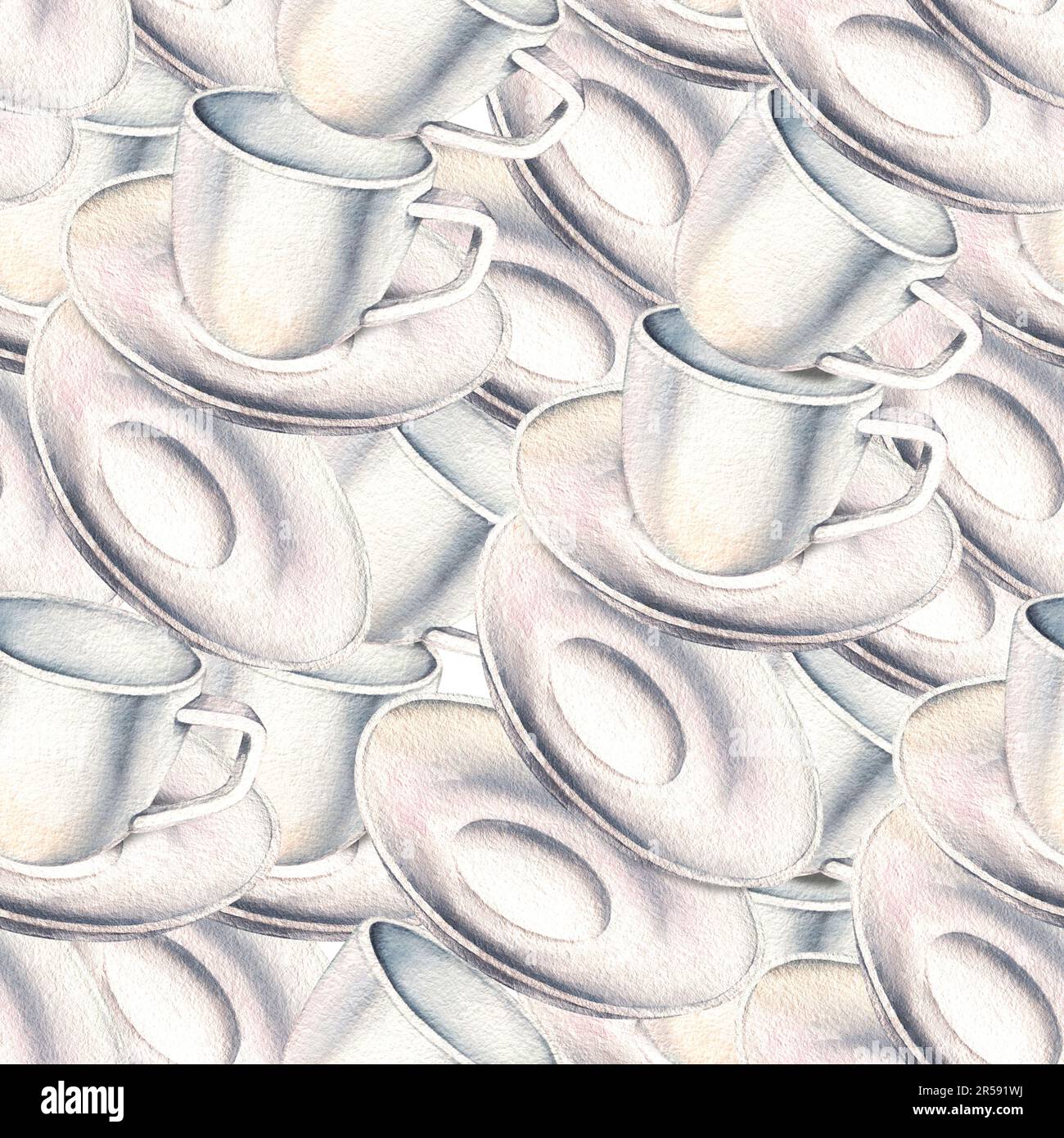 Watercolor tea saucer, white tea cup, tea seamless pattern. Isolated