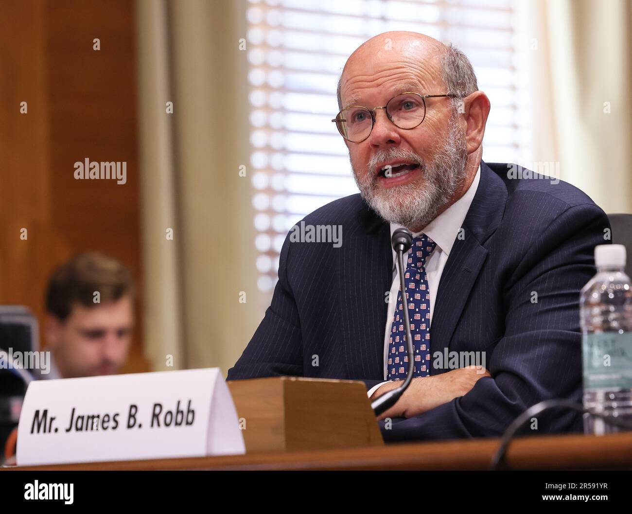Washington, DC, United States. 01st June, 2023. Mr. James B. Robb, President & Chief Executive Officer, North American Electric Reliability Corporation speaks during the Senate Energy and Natural Resources Hearing to examine the reliability and resiliency of electric service in the United States in light of recent natural disasters and other challenges on June 1, 2023 at the Dirksen Senate Office Building. Photo by Jemal Countess/UPI Credit: UPI/Alamy Live News Stock Photo