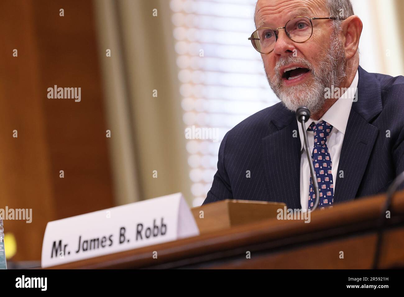 Washington, DC, United States. 01st June, 2023. Mr. James B. Robb, President & Chief Executive Officer, North American Electric Reliability Corporation speaks during the Senate Energy and Natural Resources Hearing to examine the reliability and resiliency of electric service in the United States in light of recent natural disasters and other challenges on June 1, 2023 at the Dirksen Senate Office Building. Photo by Jemal Countess/UPI Credit: UPI/Alamy Live News Stock Photo