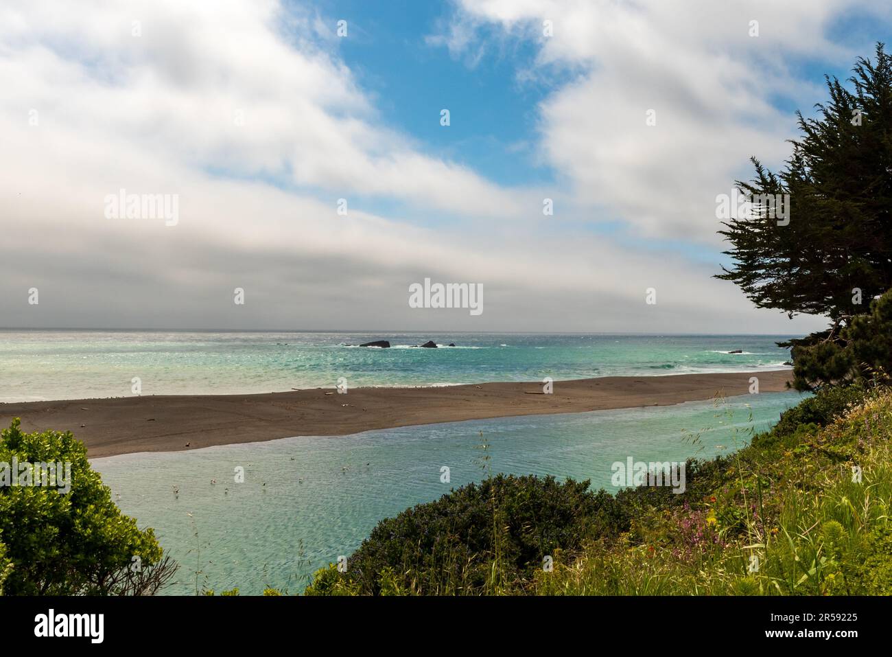 View of the Gualala River and Paciic Ocean from the Bluff Trail in Gualala, California, USA, featuring large partly cloudy sky space for copy Stock Photo