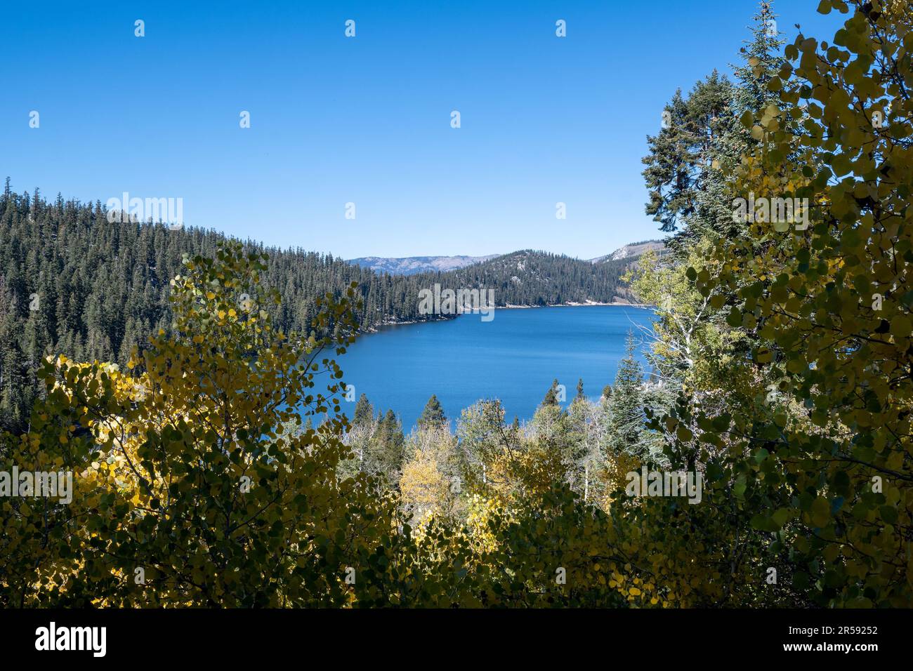 View of Marlette Lake from the trail that starts at the Spooner lake, a popular Autumn hiking destination for the colorful aspen trees Stock Photo