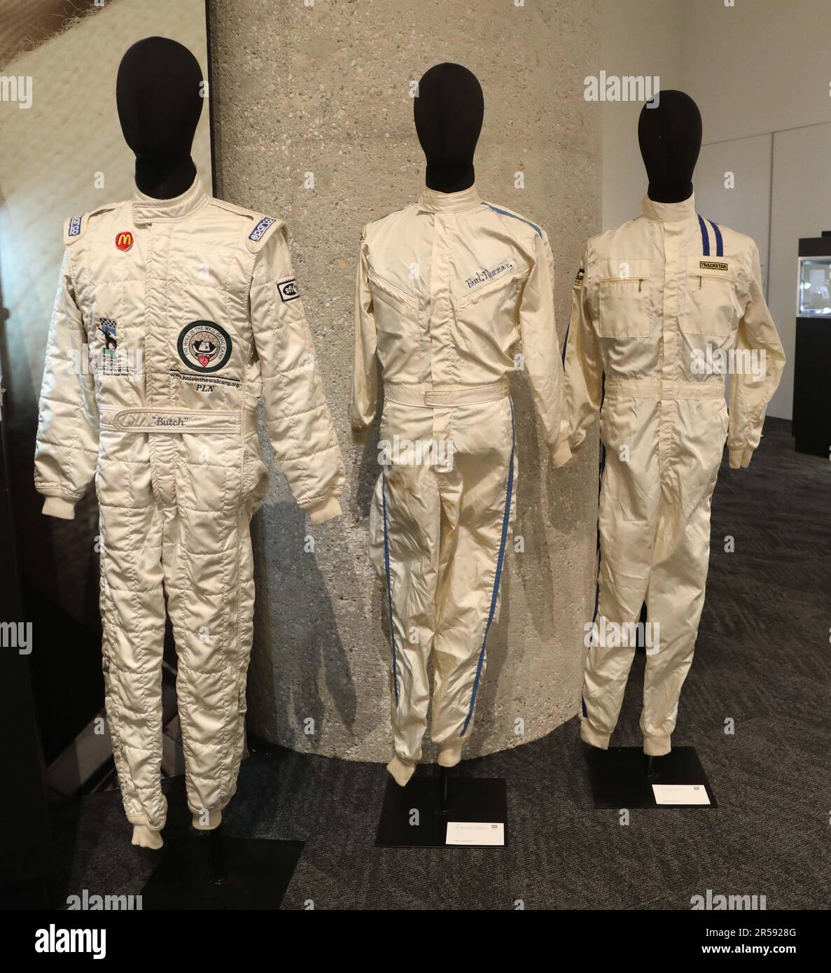 June 1, 2023, New York City, New York, USA: A view of Hinchman Indianapolis Nomex Racing Suits seen on display during ''˜The World of Janne Woodward and Paul Newman' preview at Sotheby's New York Luxury Week. Suits are estimated at $15,000 - 25,000. (Credit Image: © Nancy Kaszerman/ZUMA Press Wire) EDITORIAL USAGE ONLY! Not for Commercial USAGE! Stock Photo