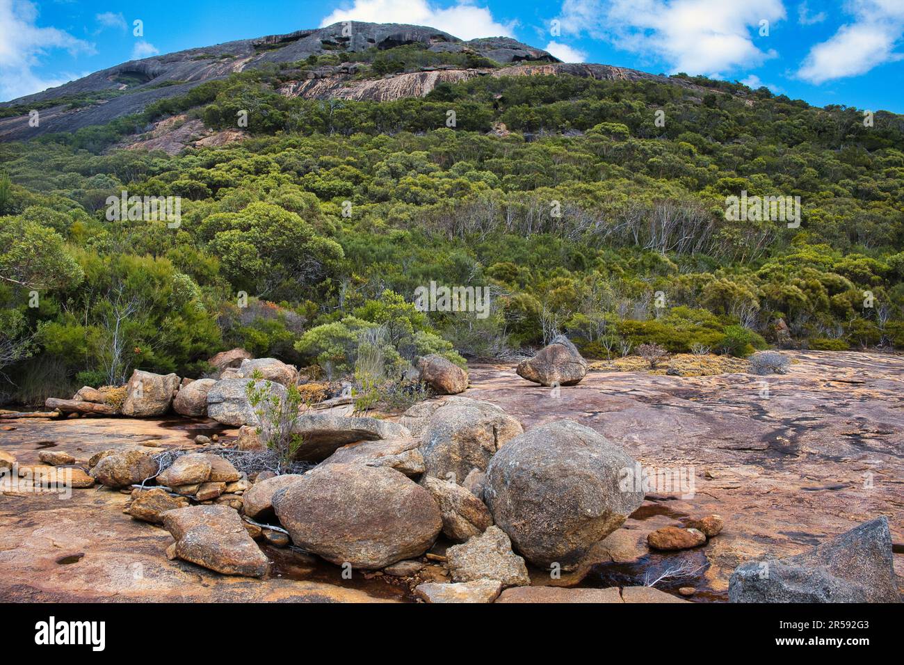 Eroded granitic mountain with coastal vegetation and granite boulders, along the Coastal Track in Cape Le Grand National Park, Western Australia Stock Photo