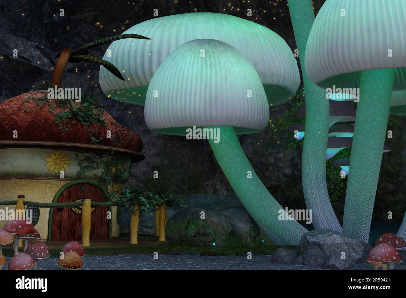 Fairy Hut and Large mushrooms, 3d render. Stock Photo