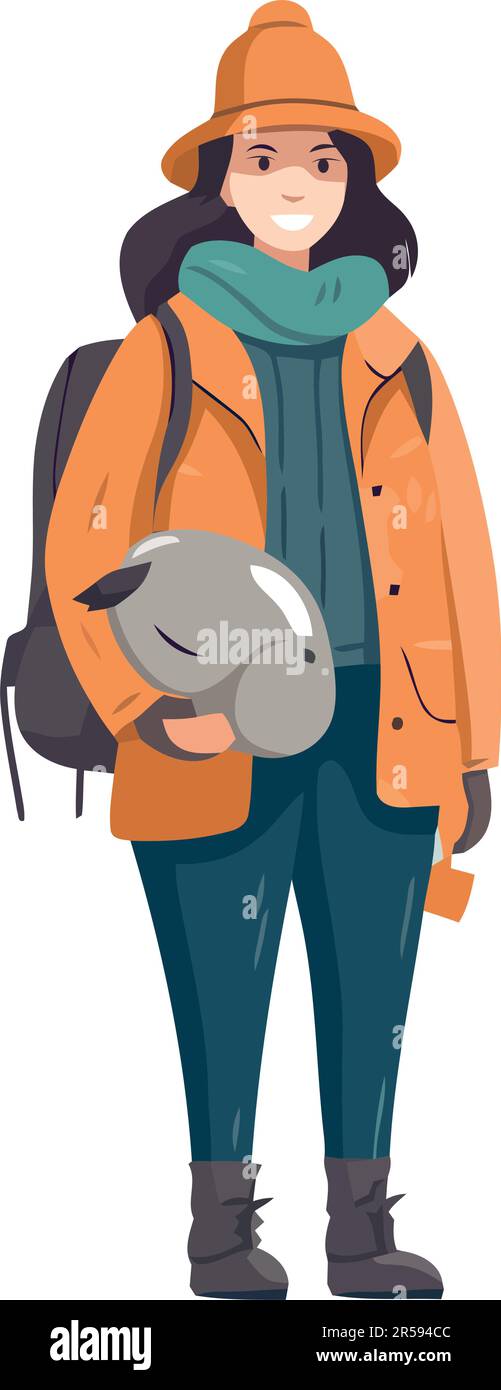 One person walking with backpack in winter over white Stock Vector