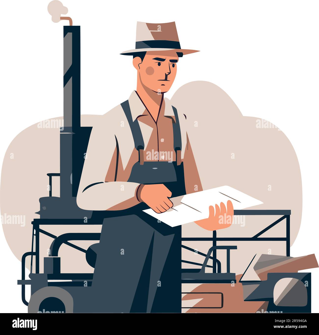 Construction worker holding blueprint over white Stock Vector