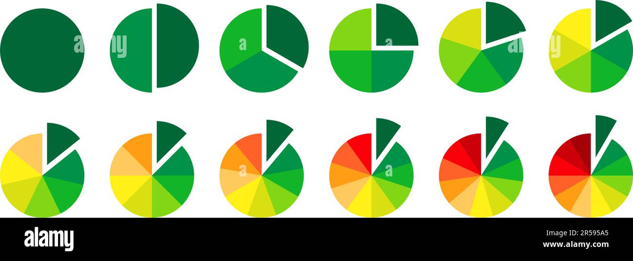 Multicolored circle sections collection. Pie charts diagrams in progress colors. Infographic round elements set. Pack of 1 to 12 slices and sectors. Process phases and stages of cycle. Vector Stock Vector