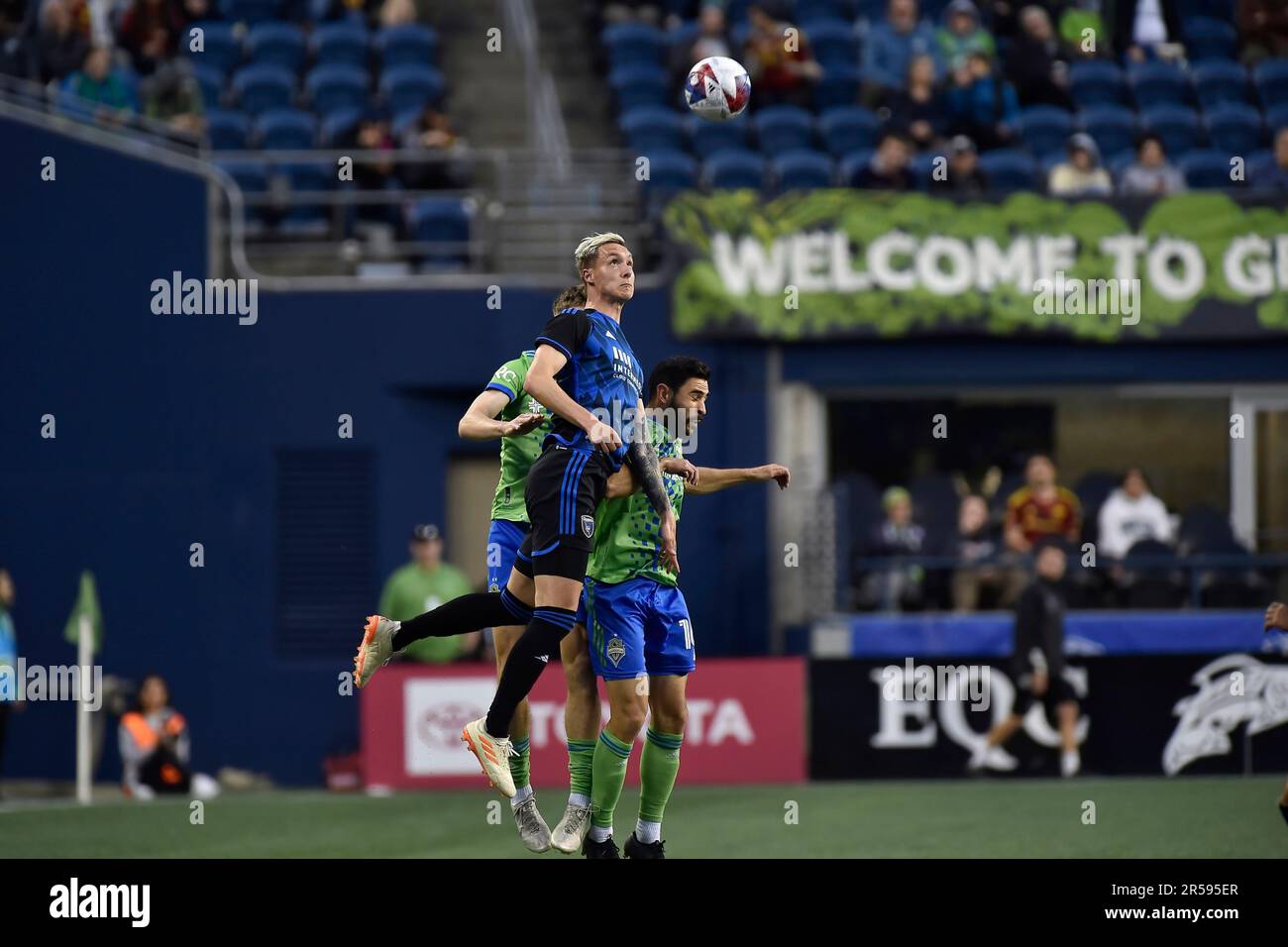 Seattle, WA, USA. 31st May, 2023. San Jose Earthquakes forward Benji KikanoviÄ‡ (28) goes for a header during the MLS soccer match between San Jose Earthquake and the Seattle Sounders FC at Lumen Field in Seattle, WA. Steve Faber/CSM(Credit Image: © Steve Faber/Cal Sport Media). Credit: csm/Alamy Live News Stock Photo