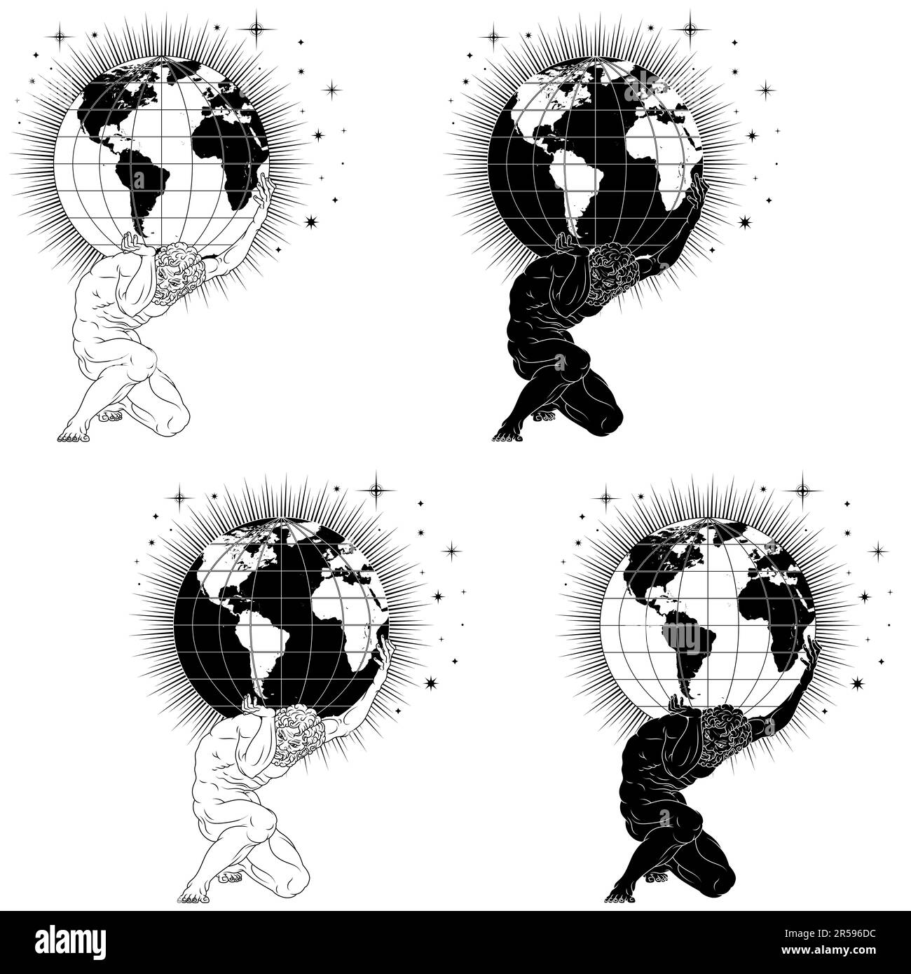 Vector design of titan Atlas holding planet earth on his shoulders, titan from greek mythology holding earth sphere with starry background Stock Vector