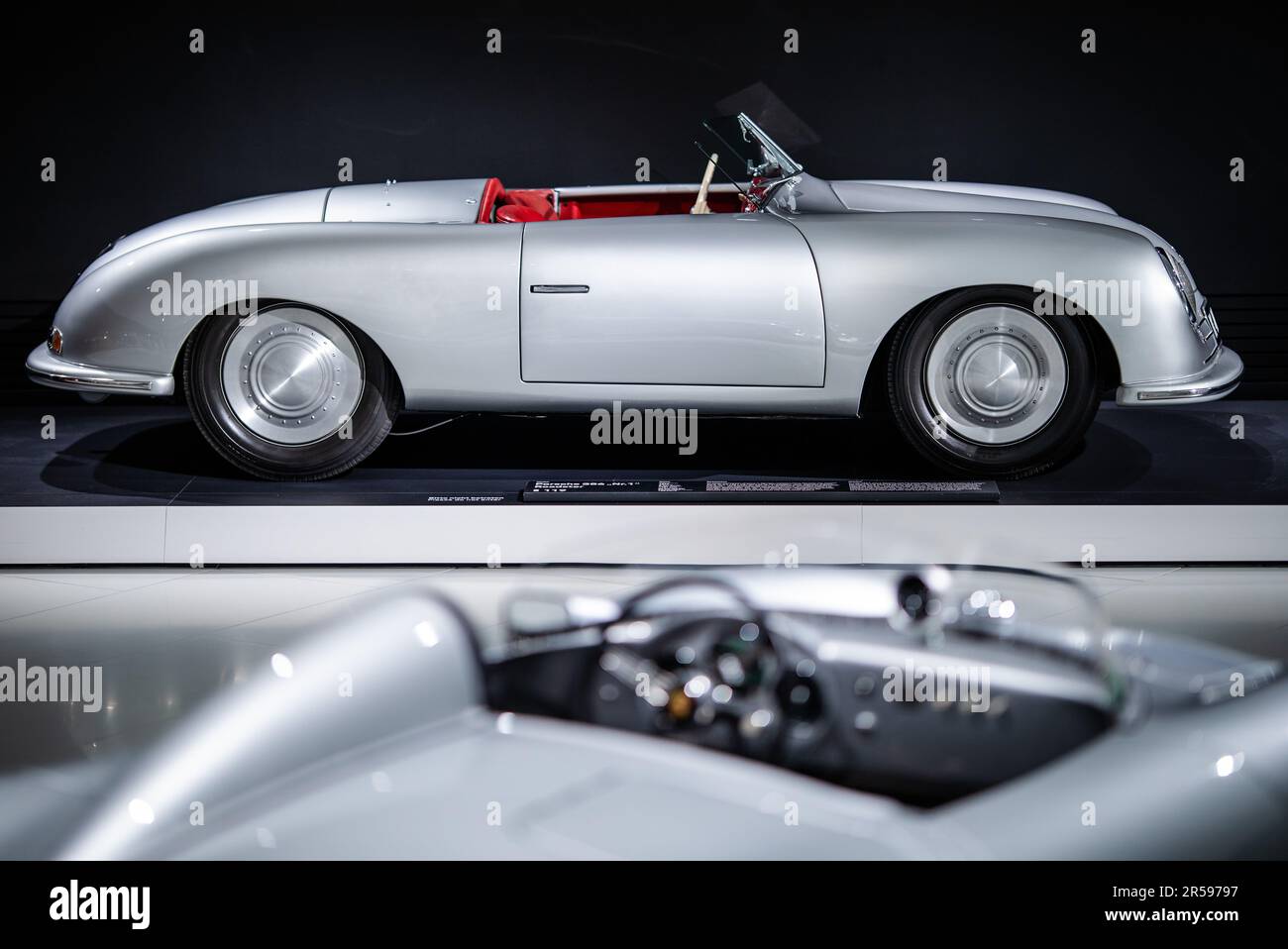 Stuttgart, Germany. 01st June, 2023. The first Porsche, a Porsche 356 No. 1  Roadster (above), is on display for visitors at the Porsche Museum. The  sports car manufacturer from Zuffenhausen celebrates its