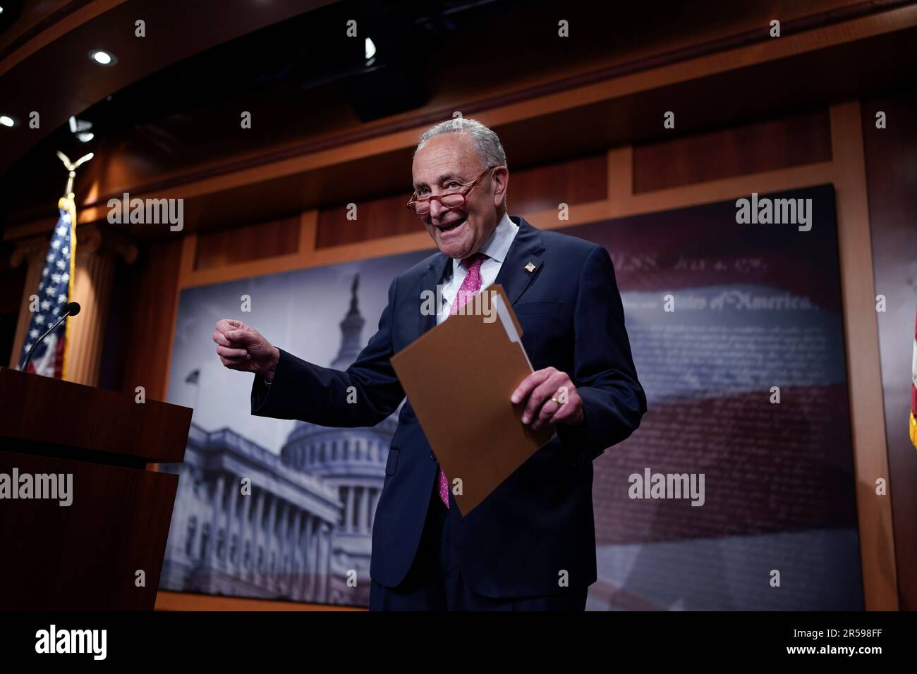 Senate Majority Leader Chuck Schumer, D-N.Y., speaks to reporters after ...