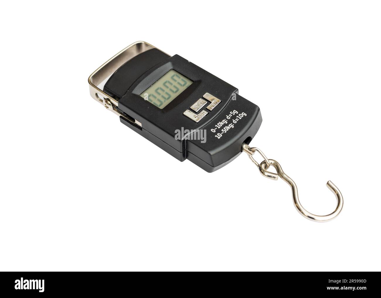 Compact portable luggage scales on white background Stock Photo - Alamy