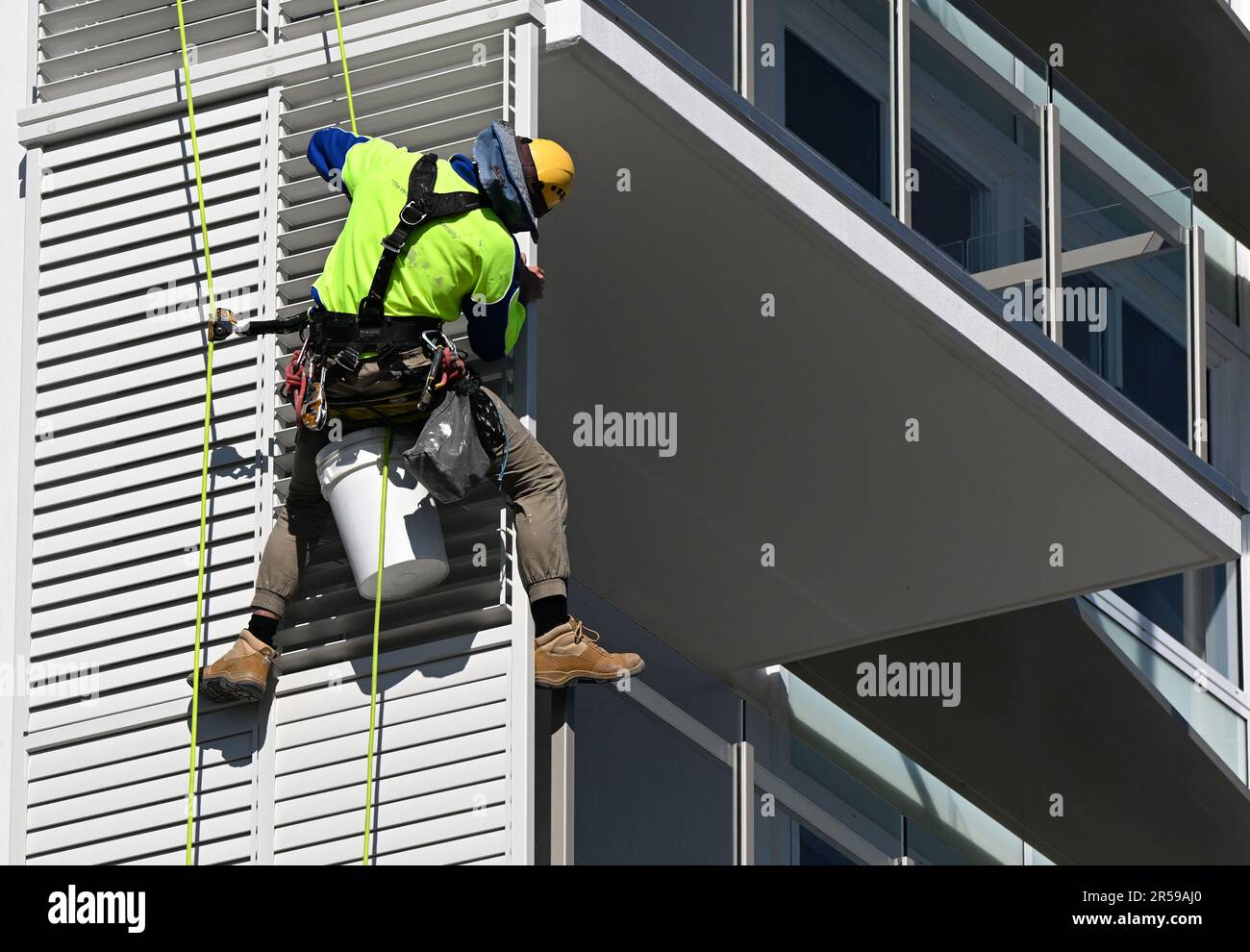 Brisbane, Australia. 02nd June, 2023. A rope access construction worker