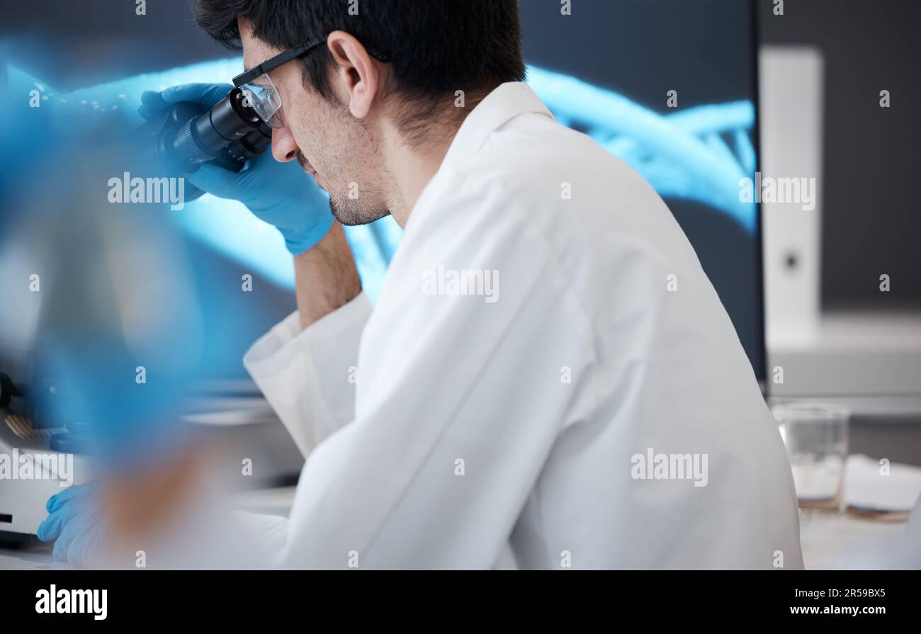 Science, dna and microscope with man in laboratory for research ...