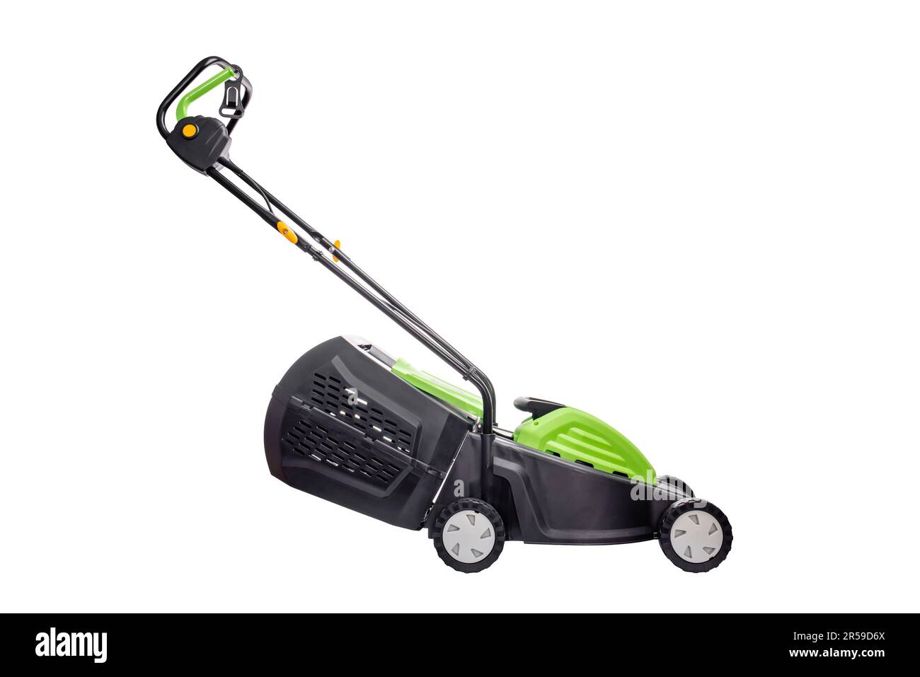Garden electric lawn mower with a grass collector isolated on white