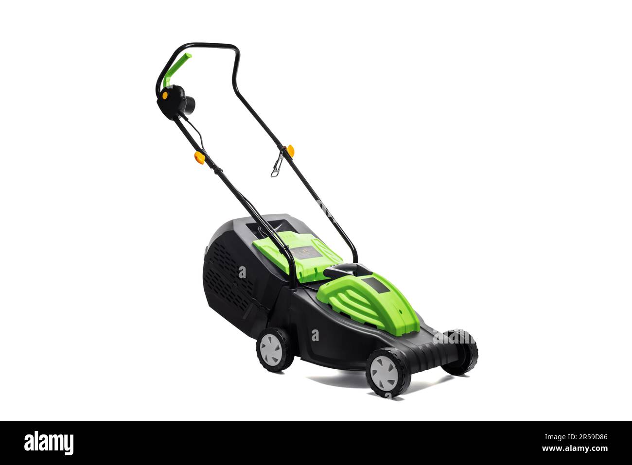 Garden electric lawn mower with a grass collector isolated on white