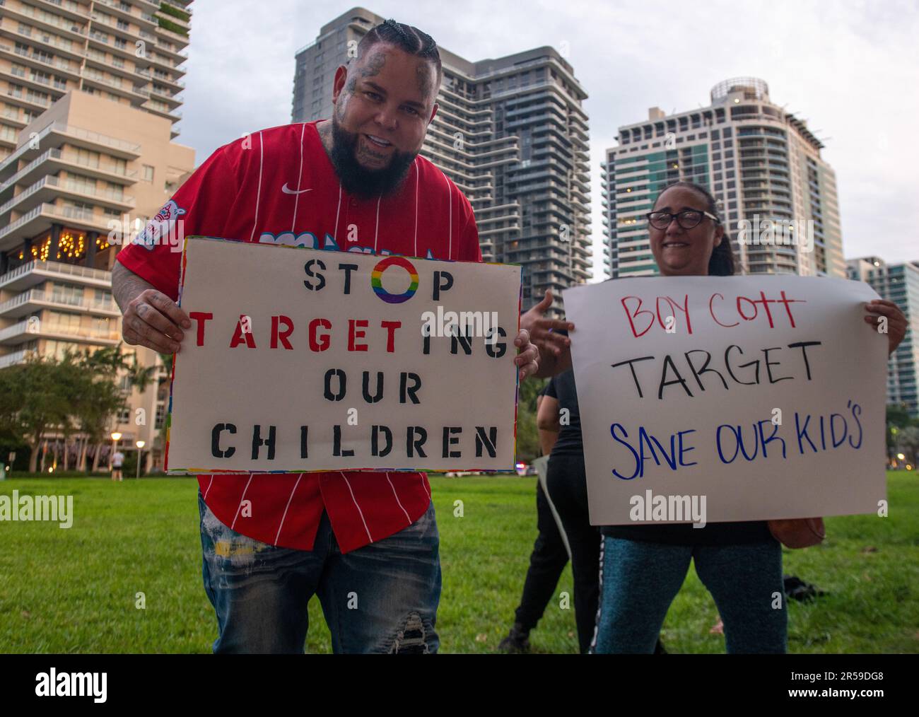 Miami, Florida, USA. 1st June, 2023. June 6, 2023, Miami, FL: MAGA rapper Forgiato Blow poses with a sign during a religious, anti-LGBTQ protest in front of a Midtown Miami Target as part of a boycott of the department store's selling pro-LGBTQ merchandise during LGBTQ Pride Month. (Credit Image: © Dominic Gwinn/ZUMA Press Wire) EDITORIAL USAGE ONLY! Not for Commercial USAGE! Stock Photo