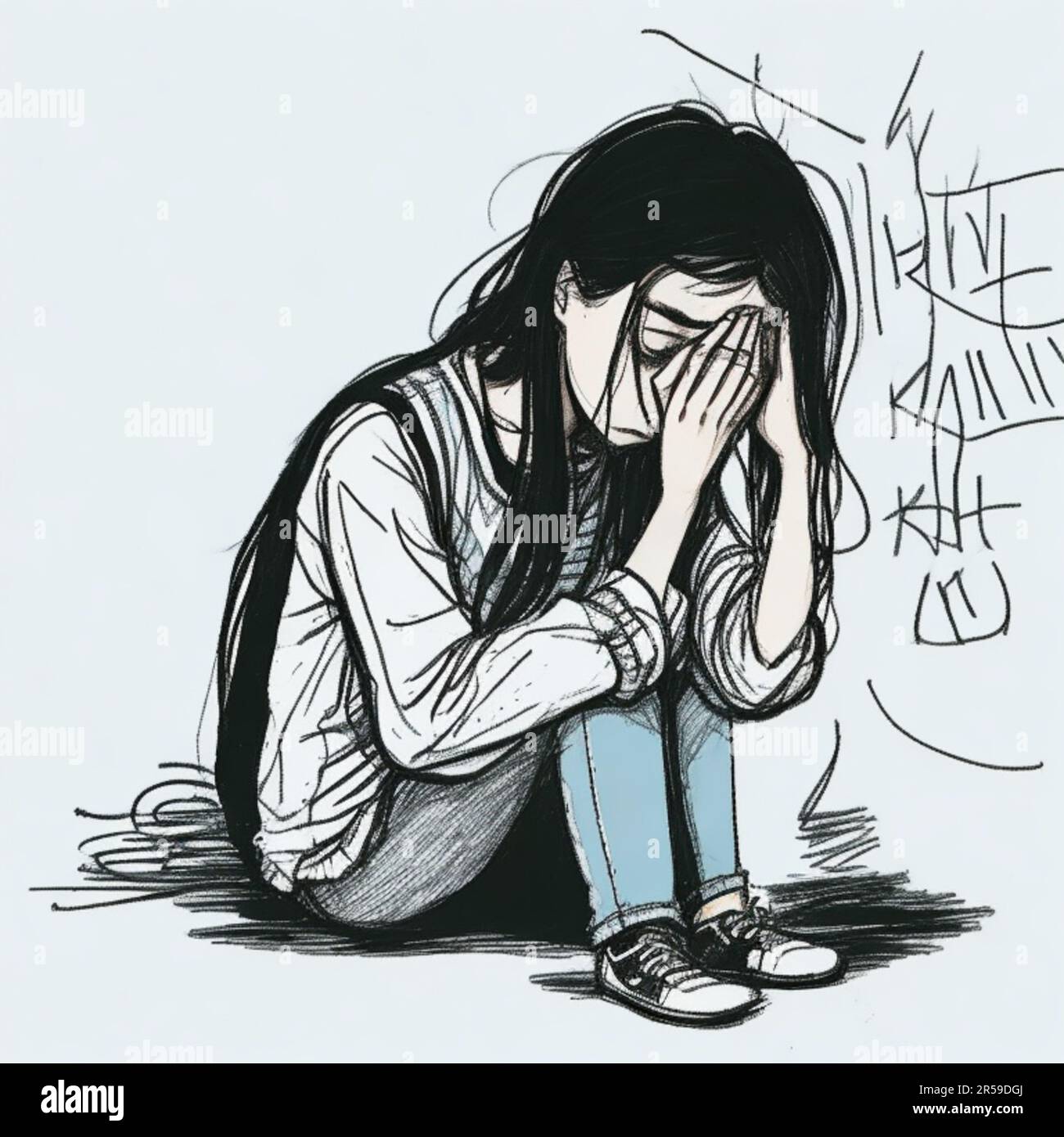 Cartoon draw with line art of young woman alone has a problem with Mental health, suffering from emotion loneliness, depression Stock Photo