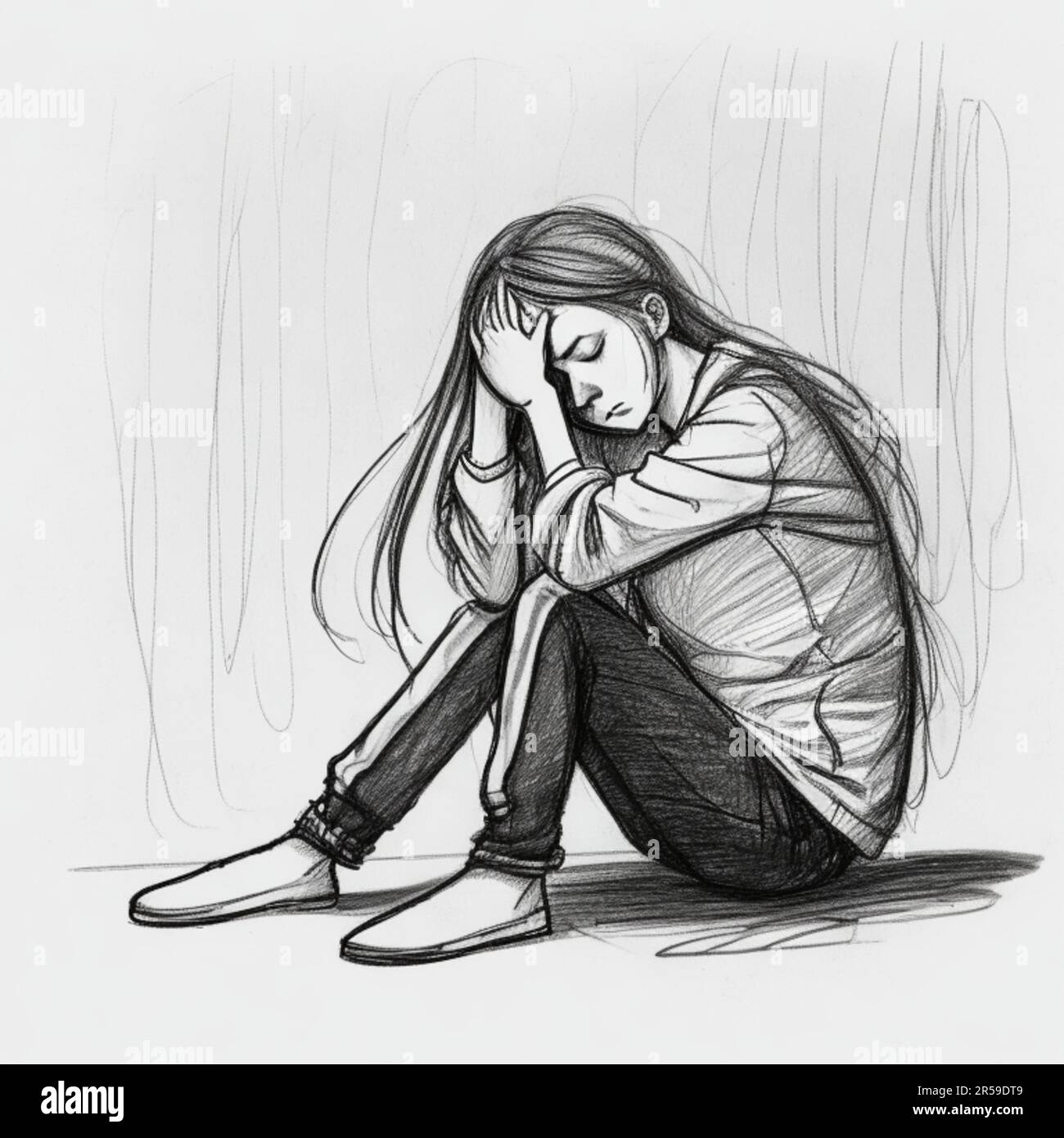Vector Illustration Drawing In Sketching Style, Lonely Woman, Sad And  Depression, Sitting Alone. Royalty Free SVG, Cliparts, Vectors, and Stock  Illustration. Image 157131114.