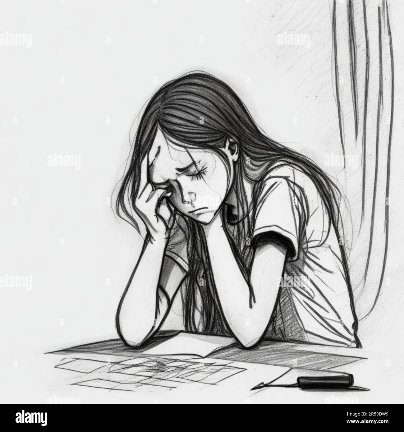 Cartoon draw with line art of young woman alone has a problem with