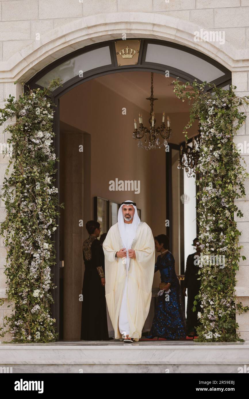 Amman, Jordan. 01st June, 2023. Crown Prince of Abu Dhabi Sheikh Khaled bin Mohamed bin Zayed Al Nahyan attends Jordan's Crown Prince Al Hussein bin Abdullah II's Royal Wedding at Zahran Palace in Amman, Jordan, on June 1st, 2023. Photo by Balkis Press/ABACAPRESS.COM Credit: Abaca Press/Alamy Live News Stock Photo