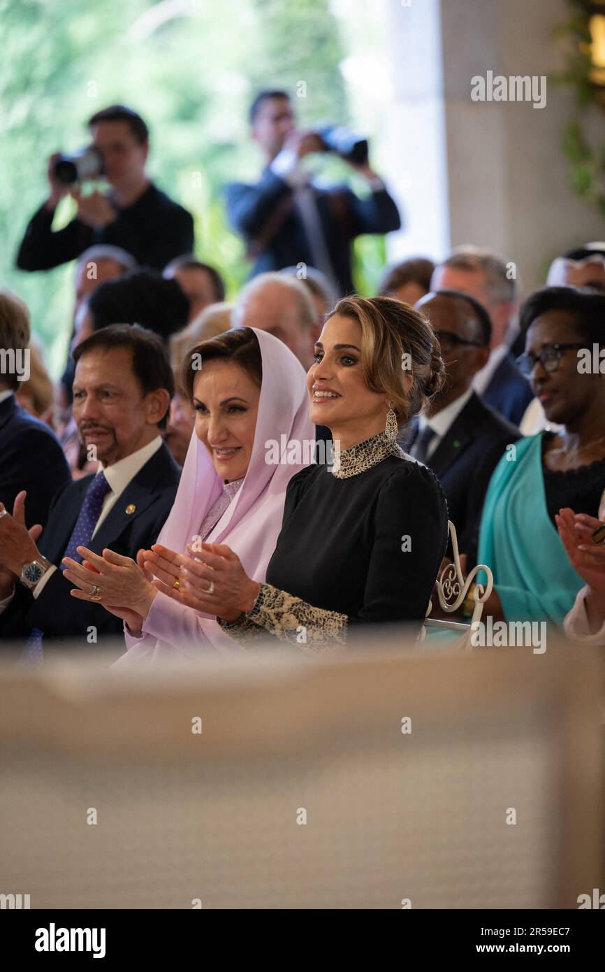 Amman, Jordan. 01st June, 2023. Jordan's Queen Rania attends her son Crown Prince Al Hussein bin Abdullah II and Princess Rajwa al Hussein's wedding at Zahran Palace in Amman, Jordan, on June 1st, 2023. Photo by Balkis Press/ABACAPRESS.COM Credit: Abaca Press/Alamy Live News Stock Photo