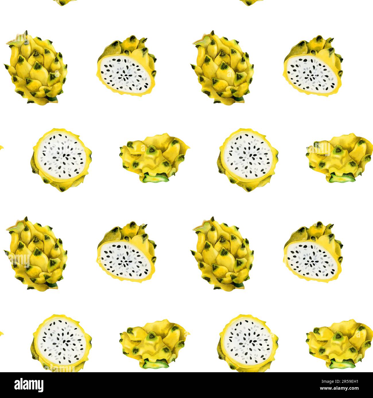 Yellow dragon fruits slices and whole pitaya seamless pattern on white
